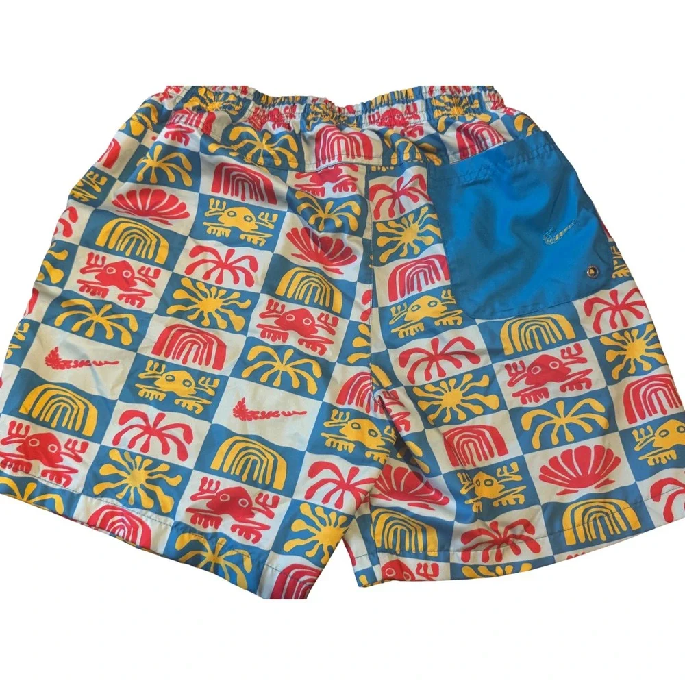 NIKE Men Small Blue Red Yellow Graphic Woven Flow Shorts Beach Festival Swim Y2K - Picture 2 of 6
